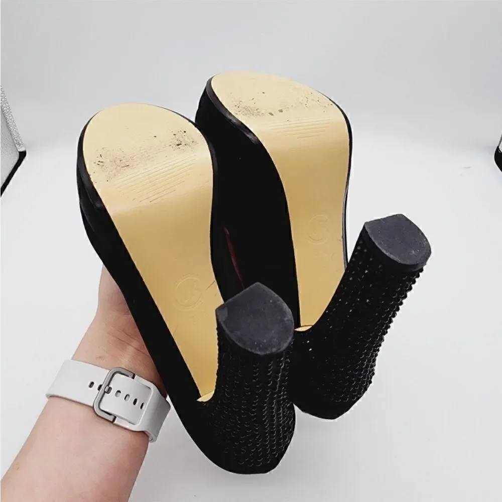 Michael Kors EUC Nadia Black Satin Crystal Heels with Peep Toe Heels